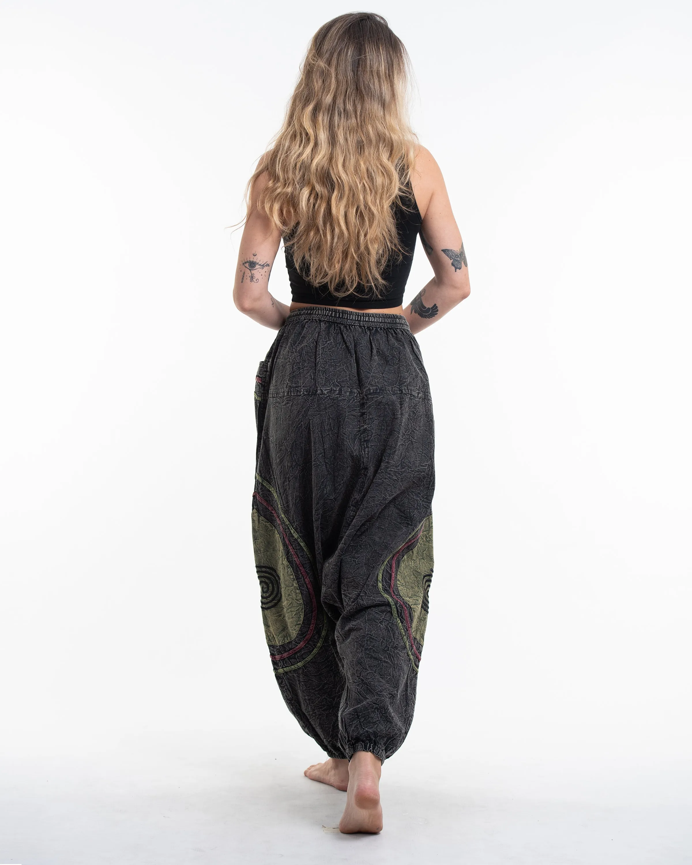 Unisex Patchwork Stone Washed Low Cut Cotton Pants in Black 01