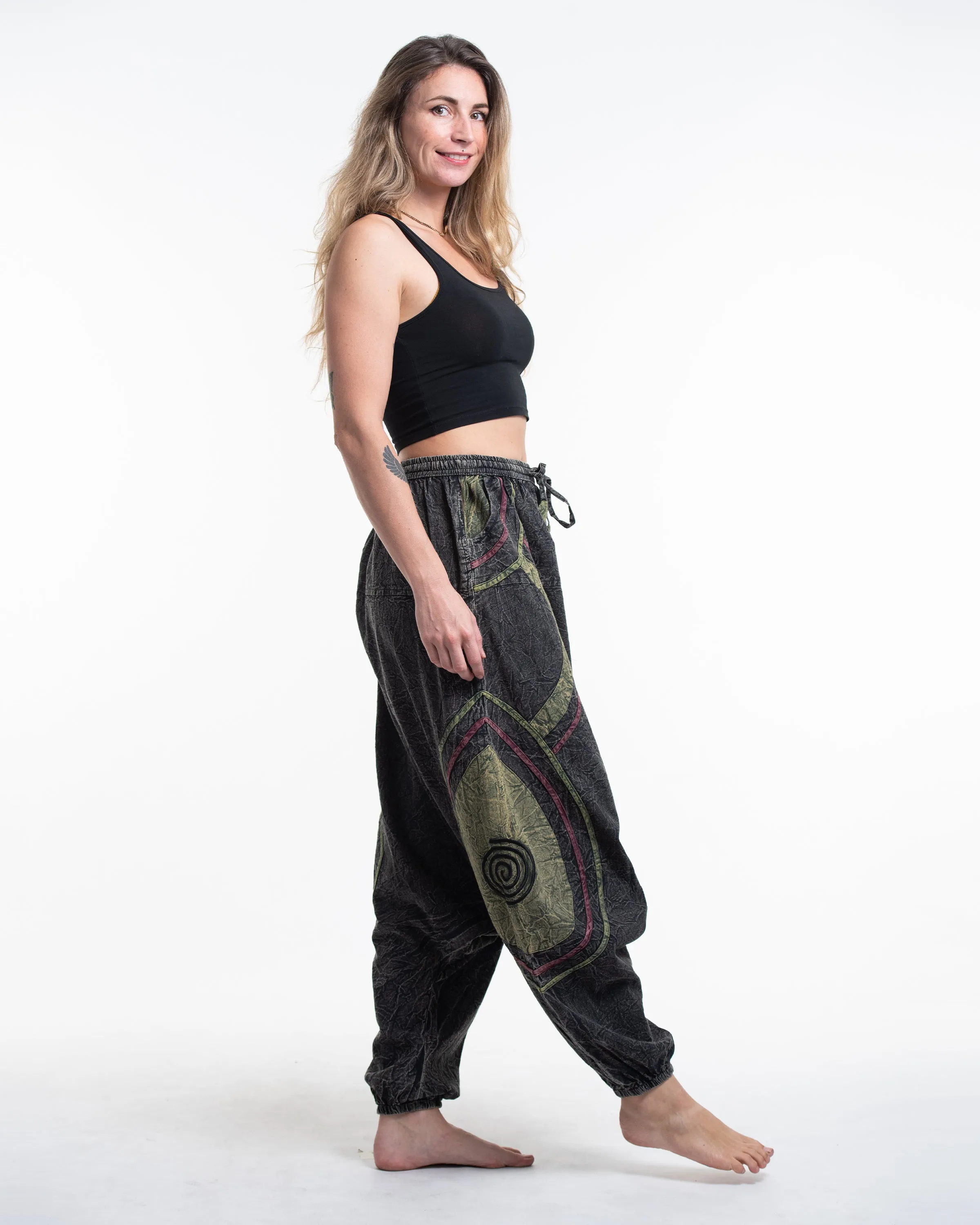 Unisex Patchwork Stone Washed Low Cut Cotton Pants in Black 01