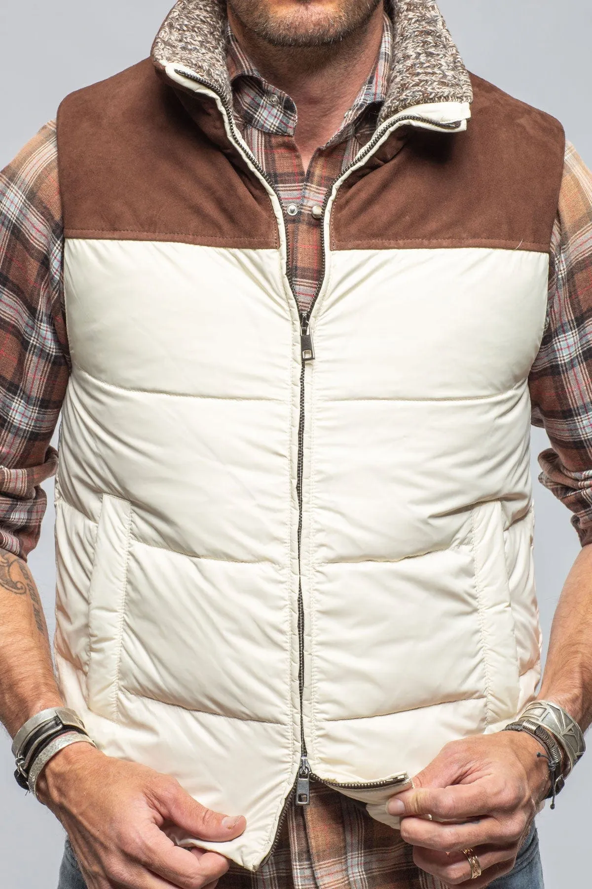 Vail Vest In White with Brown Suede