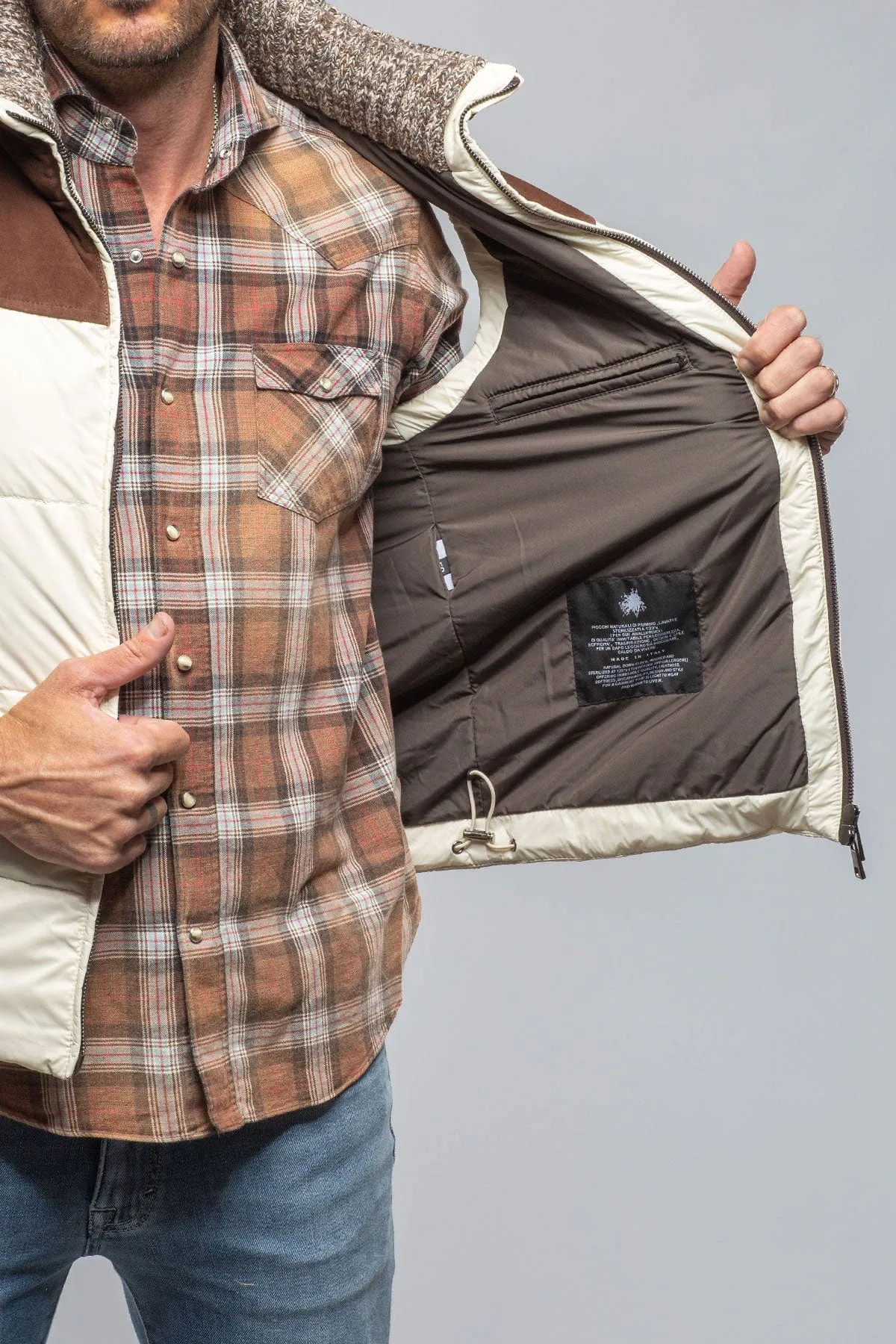 Vail Vest In White with Brown Suede