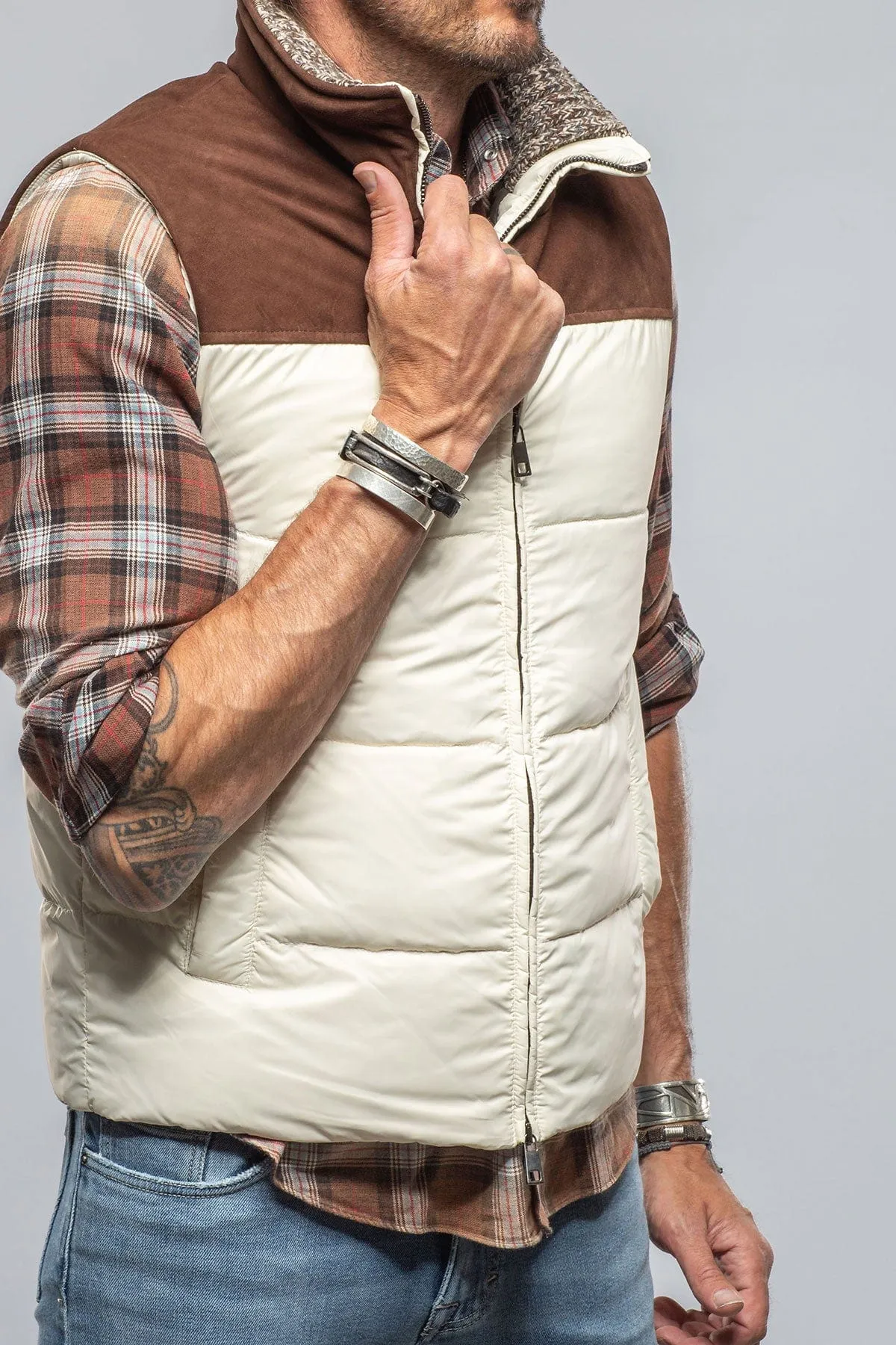 Vail Vest In White with Brown Suede