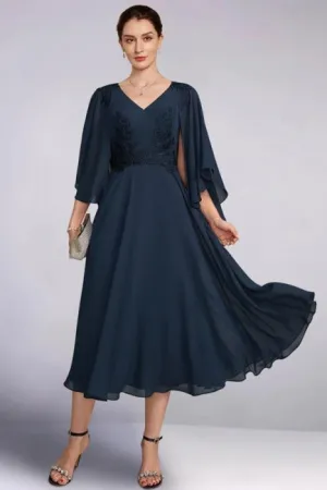 Vintage A-Line Chiffon V-Neck Mother of The Bride Dress Long Sleeve Bridesmaid Dresses With Appliques