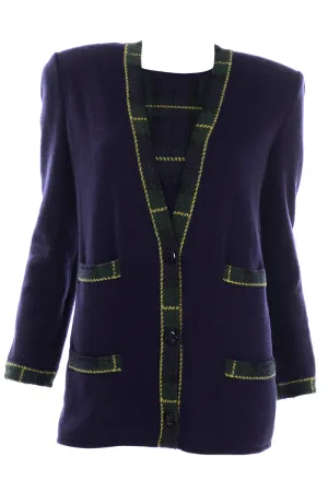 Vintage Valentino 2pc Green & Blue Plaid Cardigan Sweater & Top