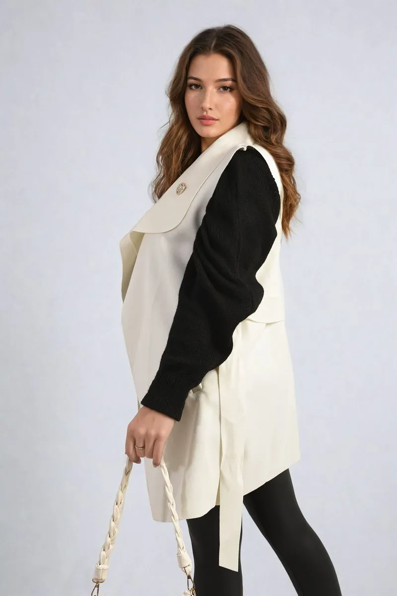 Wide Lapel Sleeveless Belted Jacket