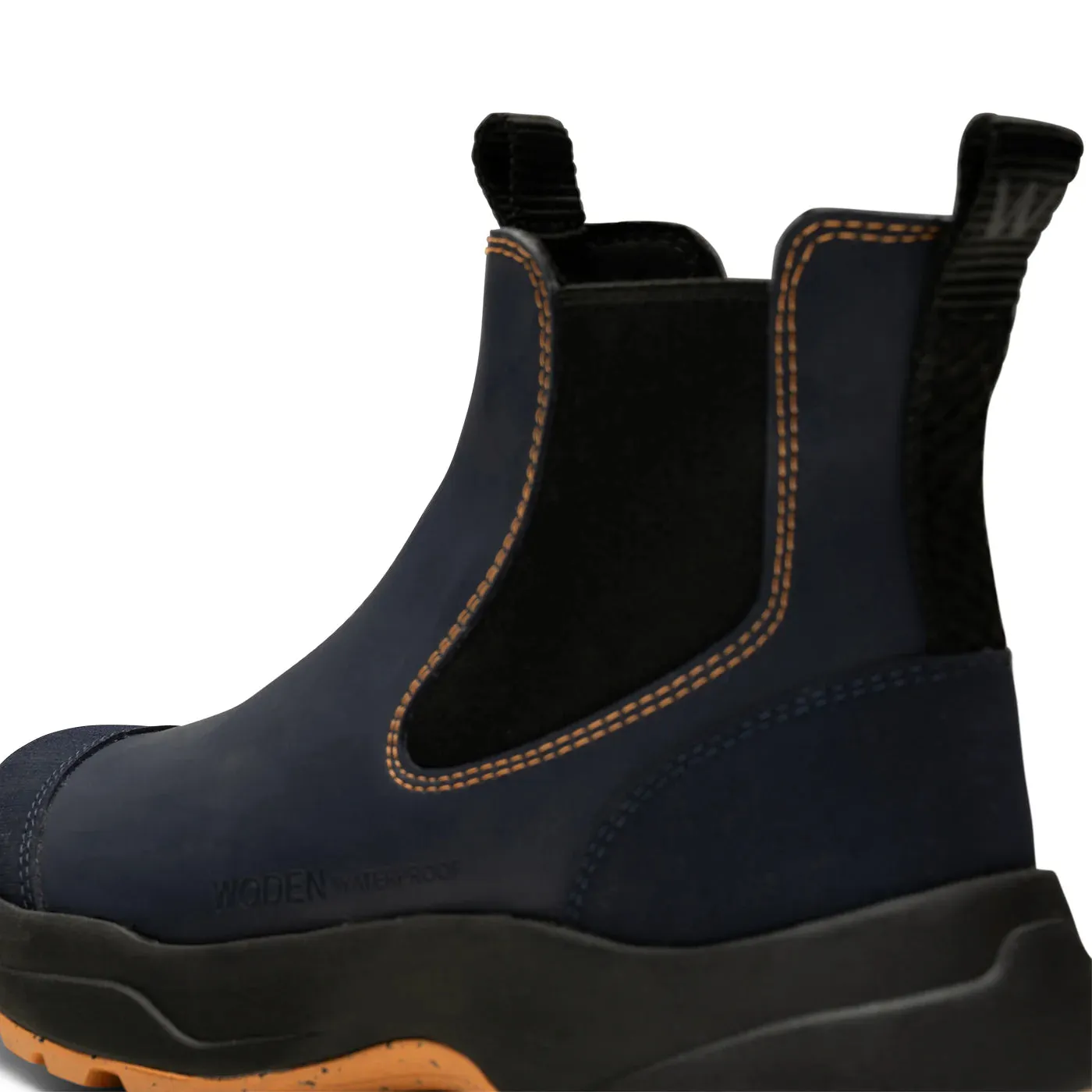 Woden Siri Waterproof Boots Dark Navy and Papaya