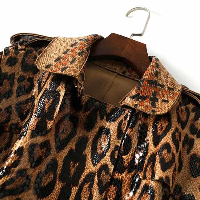 Women Animal Print Formal Coat In Brown Leopard Print Belted Trench Coat