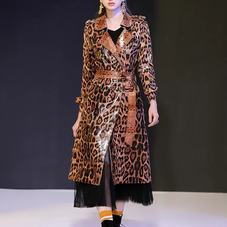 Women Animal Print Formal Coat In Brown Leopard Print Belted Trench Coat