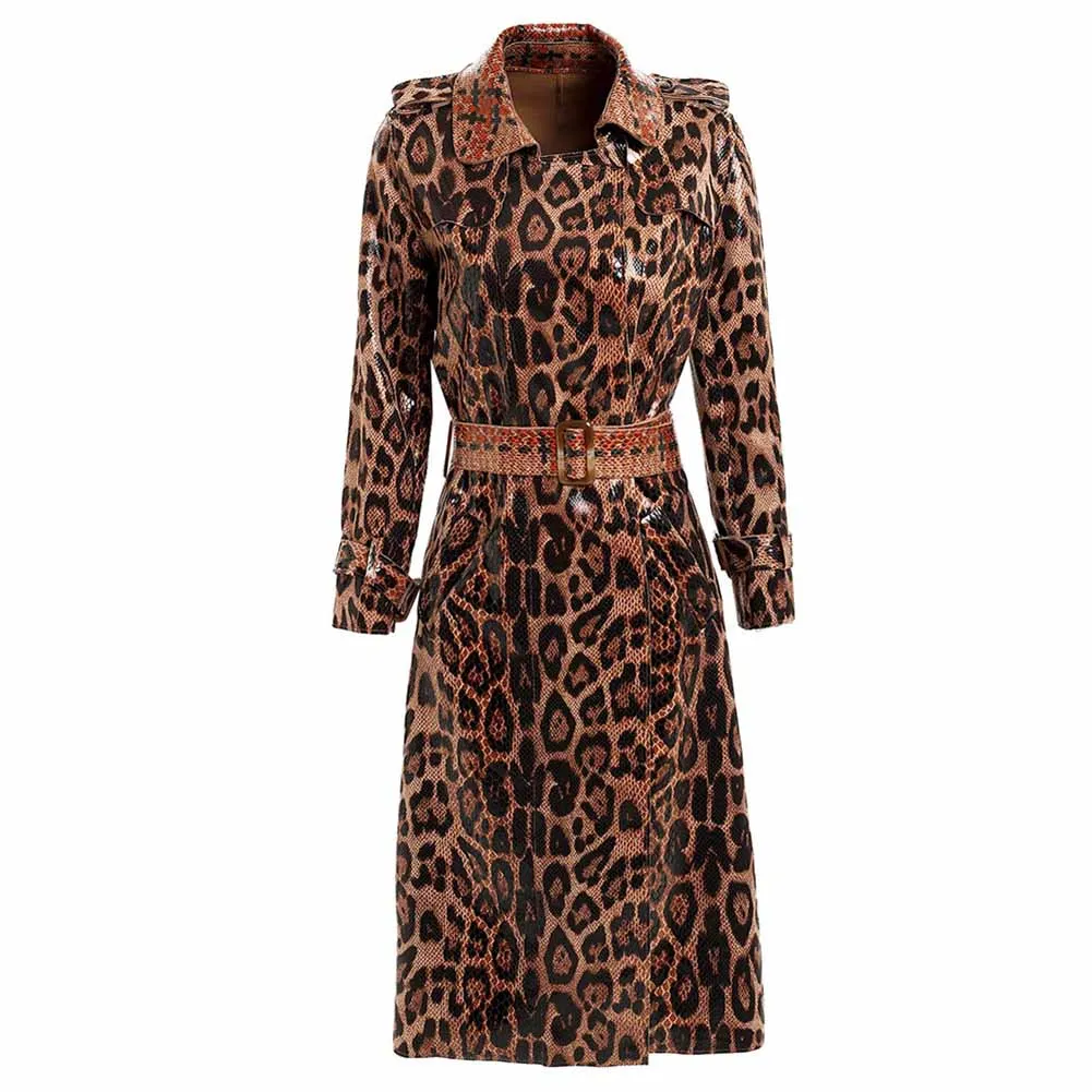 Women Animal Print Formal Coat In Brown Leopard Print Belted Trench Coat