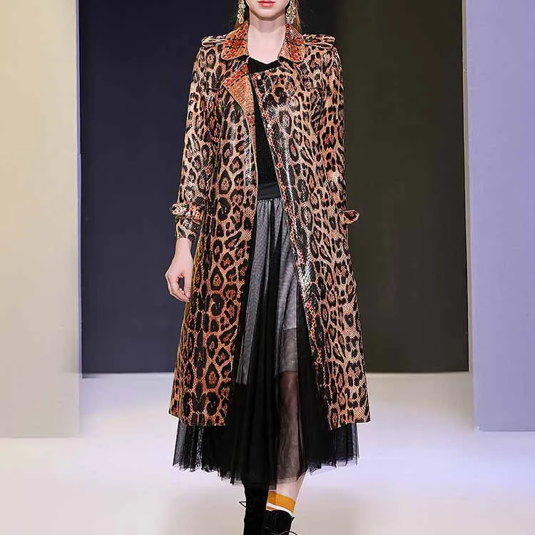 Women Animal Print Formal Coat In Brown Leopard Print Belted Trench Coat