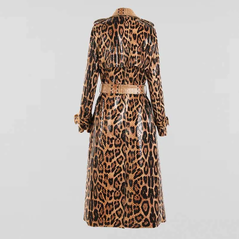 Women Animal Print Formal Coat In Brown Leopard Print Belted Trench Coat