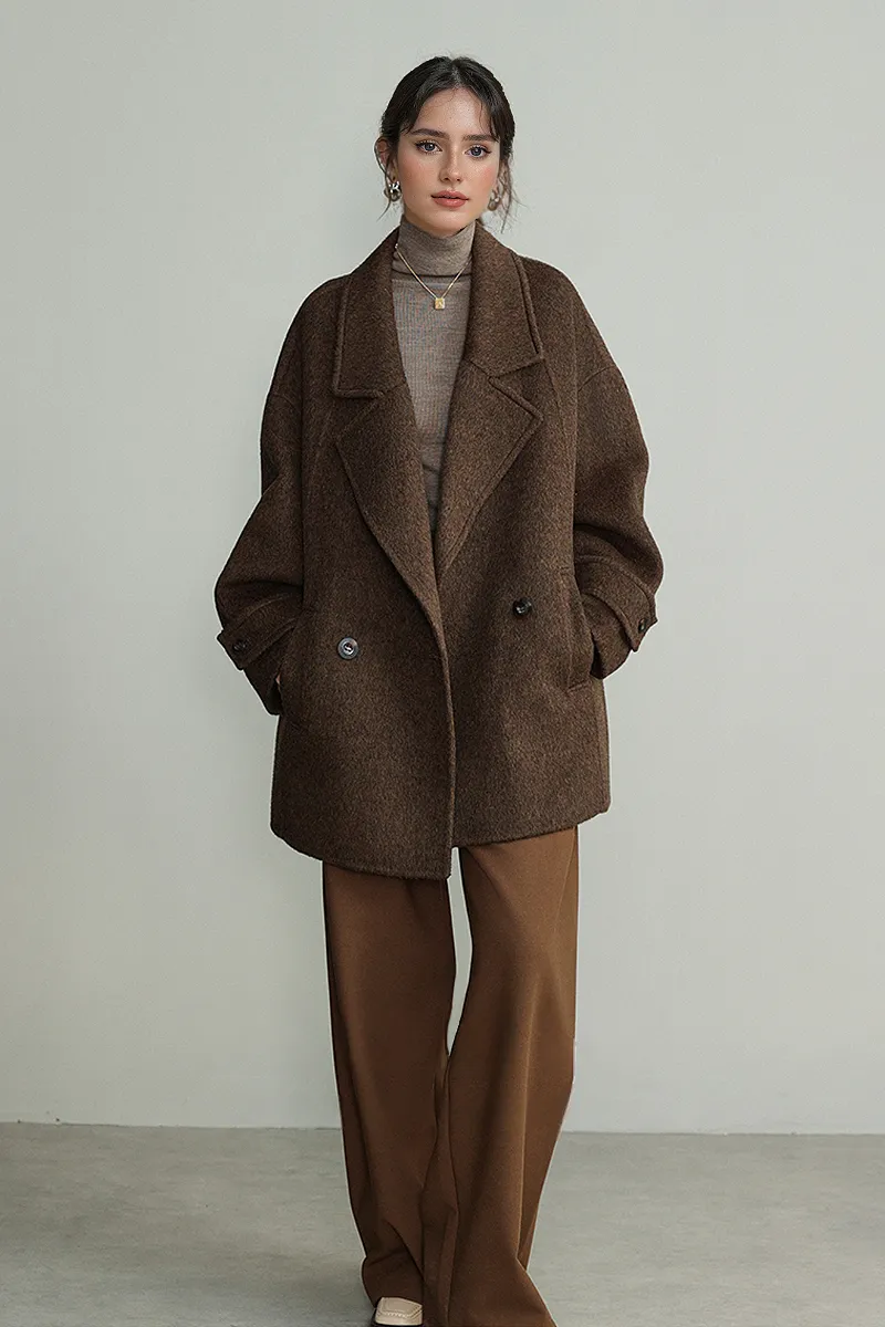 Wool-Silk Blend Double-Breasted Coat with Notched Lapel