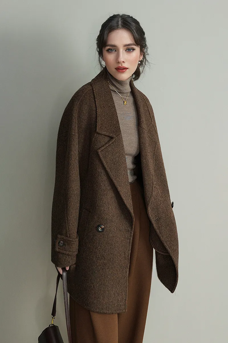 Wool-Silk Blend Double-Breasted Coat with Notched Lapel